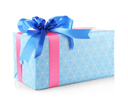 Gift box with blue bow isolated on white background
