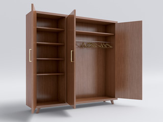 wood big open cupboard; 3d illustration