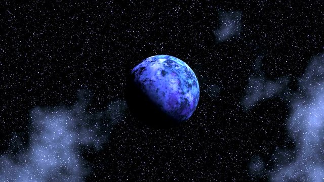 Alien Planet Is Approaching From the depths of space, approaching alien planet. It is in the blue-violet tones. It is in partial shade, its surface is changing. In the sky bright stars and nebula.