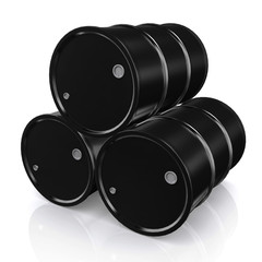 3D illustration of Black Metal Oil Barrels on White Background.