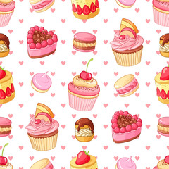 Cupcakes, sweets and pastries seamless vector pattern with pink hearts. St.Valentines Day romantic decoration.