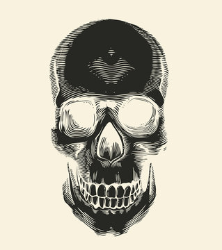 Human skull silhouette drawn in vintage engraving or woodcut style, front view. Symbol of death and horror. Monochrome vector illustration for label, postcard, banner, tattoo, logo, T-shirt print.