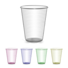 Plastic Cup Set. Isolated On White Background. Mock Up For Your Design. Photorealistic Vector Illustration