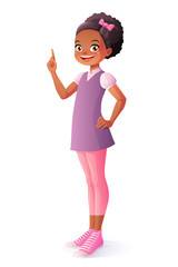 Cute African ethnic smiling young school student girl got the idea and index finger pointing up. Cartoon vector character isolated on white background.