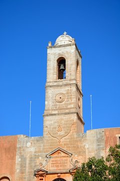 View of the Agia Triada monastery bell tower, Crete.