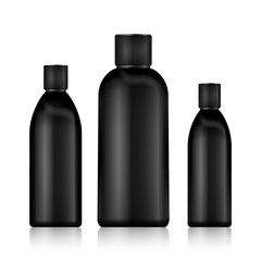 Cosmetic Bottles. Realistic Black Bottle For Essential Oil And Tube Or Container  Cream, Ointment, Lotion. Mock Up set.  Vial, Flask, Dropper-, Shampoo. Vector Illustration.