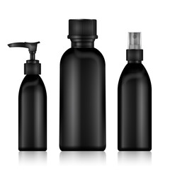 Cosmetic Bottles. Realistic Black Bottle For Essential Oil And Tube Or Container  Cream, Ointment, Lotion. Mock Up set.  Vial, Flask, Dropper-, Shampoo. Vector Illustration.