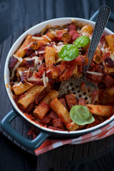 Casserole with italian ziti, close-up, selective focus