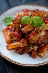 Italian ziti casserole on a plate, selective focus, close-up