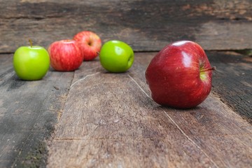Red Apple Close up, on wooden background and copy space.