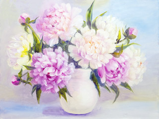 Peony pink flowers in a white vase. Oil painting illustration