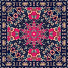 Tablecloth with stylized red flower - mandala. Headscarf.