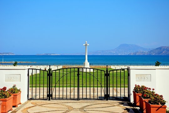 View of the Souda Bay Allied War Cemetery with the Aegean sea to the rear, Crete.