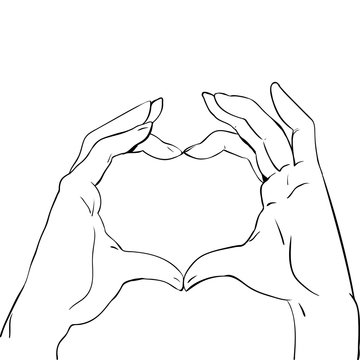 Hands in heart form, sketch black and white vector illustration
