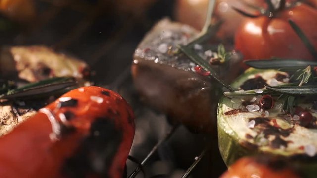 Grill, Frying Fresh Meat, Chicken Barbecue, Sausage, Kebab, Hamburger, Vegetables, BBQ Barbecue Seafood Grilled Peppers And Onion Closeup Sunny Outdoor