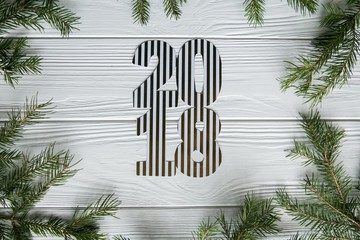 New Year and winter set on white wooden background with fir tree
