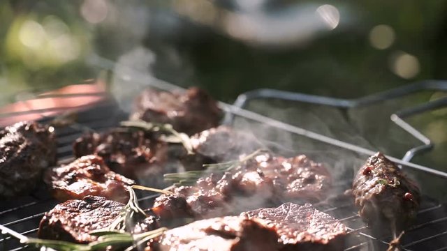 Grill, Frying Fresh Meat, Chicken Barbecue, Sausage, Kebab, Hamburger, vegetables, BBQ, Barbecue, seafood. grilled peppers and onion. Closeup sunny outdoor Chef turns the meat on the grill