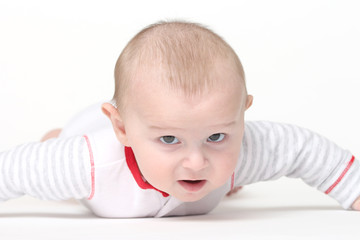 Happy baby has flat belly on white background