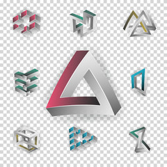 Impossible Shapes Set. Transparence Background. Colorful Trendy Creative Figures With Optical Illusion. Paradox Elements. Unreal Geometrical Symbols In A Surreal Style. Vector Illustration