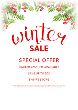 Winter sale flyer template. Seasonal discount background for business design. Vector illustration with lettering and snow. Realistic fir-tree branches and ice on the window.