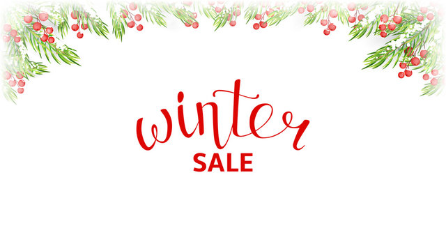 Winter sale web banner template. Seasonal discount background for business design. Vector illustration with lettering and snow. Realistic fir-tree branches and ice on the window.