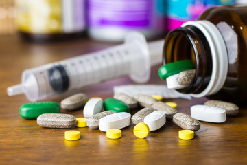 Drug prescription for treatment medication. Pharmaceutical medicament, cure in container for health. Pharmacy theme, capsule pills with medicine antibiotic in packages.