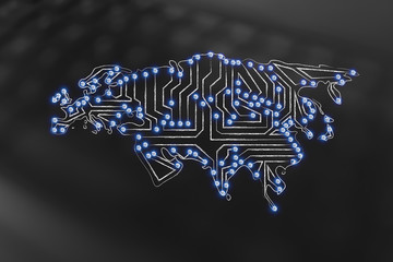 europe, asia & middle-east made of electronic microchip circuits