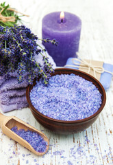 Fototapeta na wymiar Lavender, sea salt and candle