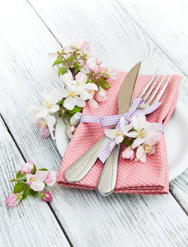 table setting with spring blossom
