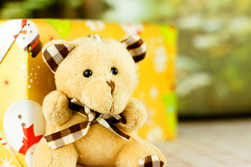 Teddy Bear and   gift wrapped present  on a nature background,Christmas,happy new year