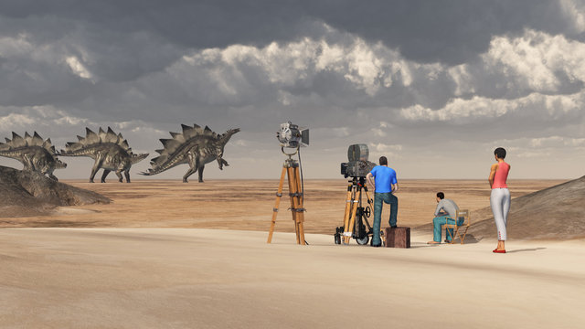 Film crew and the dinosaur Stegosaurus