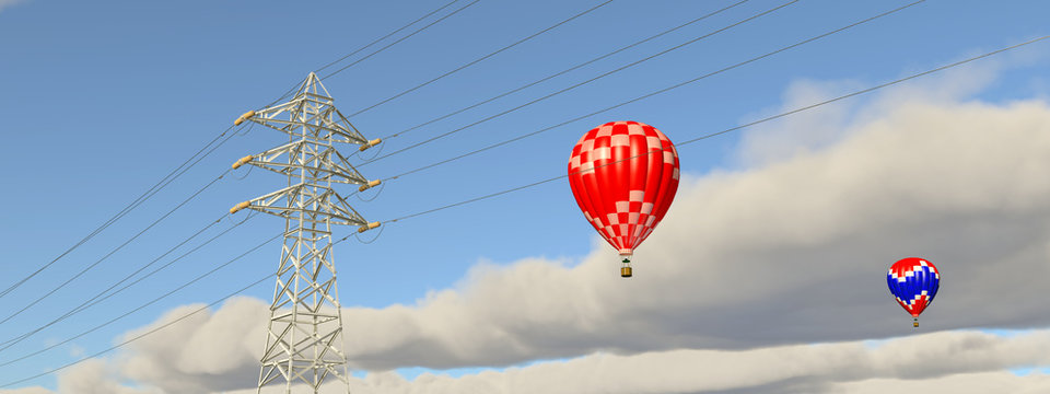 Hochspannungsleitung und Heißluftballone
