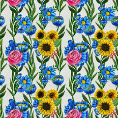 Fototapeta na wymiar Seamless pattern with blue yellow and pink flowers