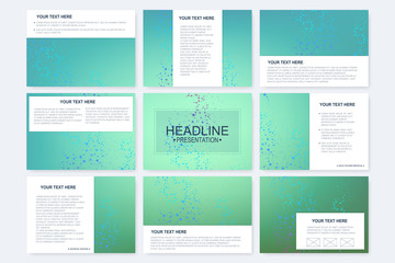 Big set of vector templates for presentation slides. Modern graphic background structure molecule and communication. Scientific pattern atom DNA. Medical, science, chemistry design.