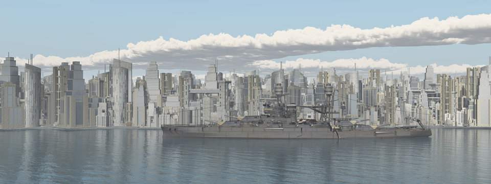 Großstadt am Meer und Kriegsschiff aus dem Zweiten Weltkrieg