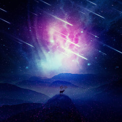 Obraz na płótnie Canvas Majestic deer with long horns as tree branches stand on the peak of a rocky valley below a wonderful night sky with falling stars and sparkles. Mystic scene screensaver in the center of nature. 