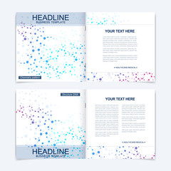 Templates for square brochure. Leaflet cover presentation. Business, science, technology design book layout. Scientific molecule background