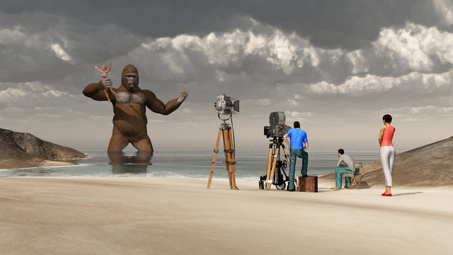 Huge gorilla, woman in his hand and film crew