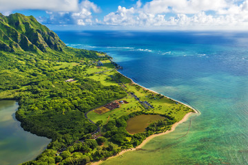 Aerial view of Kualoa Point at Kaneohe Bay, Hawaii, Hawaii
