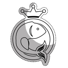 seal stamp with fish and decorative crown icon over white background. vector illustration