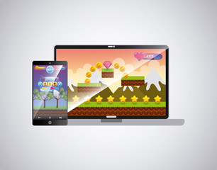 laptop computer and smartphone with videogame interface over white background. colorful design. vector illustration