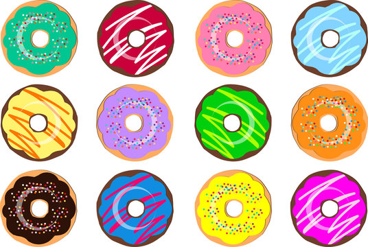 set of donuts with colorful icing and sprinkles