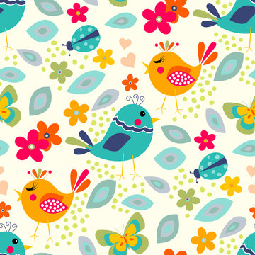 Cute birds seamless pattern with little flowers and butterfly, ladybug 