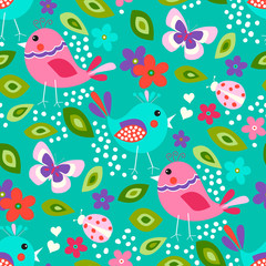 Cute birds seamless pattern with little flowers and butterfly, ladybug on a turquoise background.