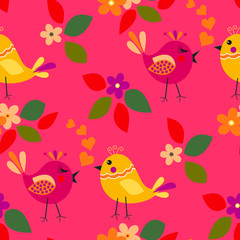 Cute birds seamless pattern with little flower and leaf on a pink background.
