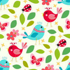 Cute birds seamless pattern with little flowers and butterfly, ladybug 