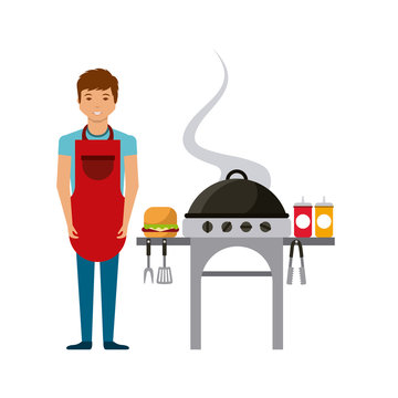 cartoon man with barbecue grill and grilled food icon. delicious barbecue concept. colorful design. vector illustration