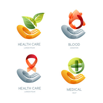 Set of charity and health vector logo, icon, emblem design. Human hand holding leaves, blood drop, ribbon cancer awareness, cross. Concept for voluntary, non profit organization or healthcare.