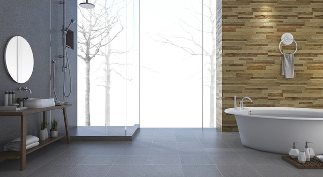 3d rendering contemporary and loft style bathroom with nice winter view