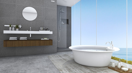 3d rendering contemporary and loft style bathroom with nice sea view